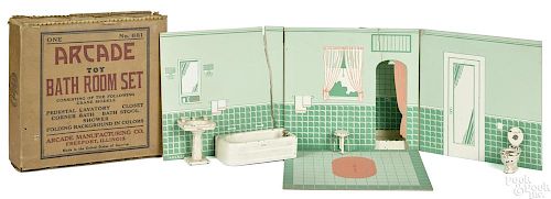 Arcade cast iron six-piece bathroom set, with original box and room surround, to include a tub