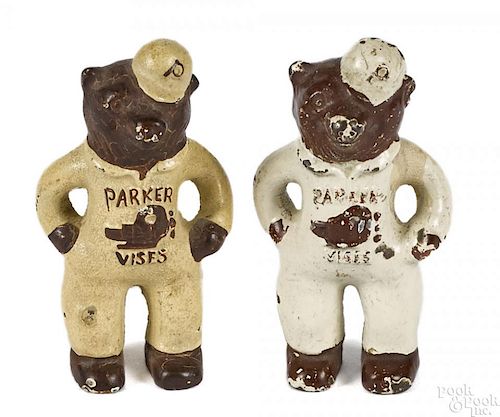 Two cast iron Parker Vises bear advertising paperweights, 3 1/2'' h.