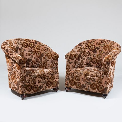 Pair of Cut-Velvet Upholstered Tub Chairs