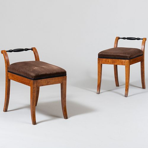 Pair of Biedermeier Birch and Ebonized Upholstered Stools
