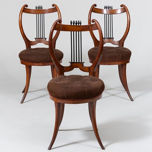 Three Italian Neoclassical Style Walnut and Ebonized Upholstered Lyre Back Side Chairs