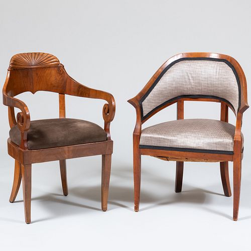 Two Biedermeier Walnut Upholstered Armchairs