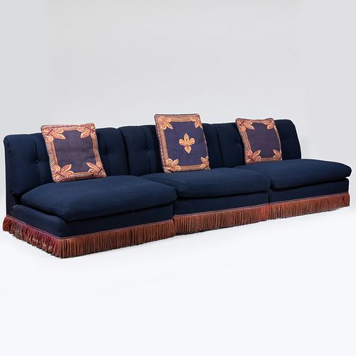 Navy Blue Tufted Upholstered Three-Piece Sectional Sofa