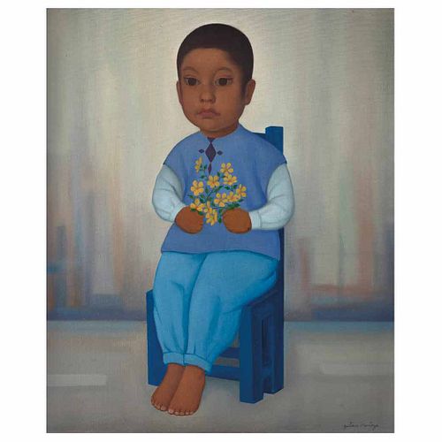 GUSTAVO MONTOYA, Sin título, de la serie Niños Mexicanos, Firmado, Óleo sobre tela, 55.5 x 44.5 cm