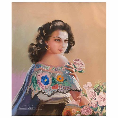 EDUARDO CATAÑO, Mujer con rosas, Firmado, Pastel sobre papel, 120 x 103 cm