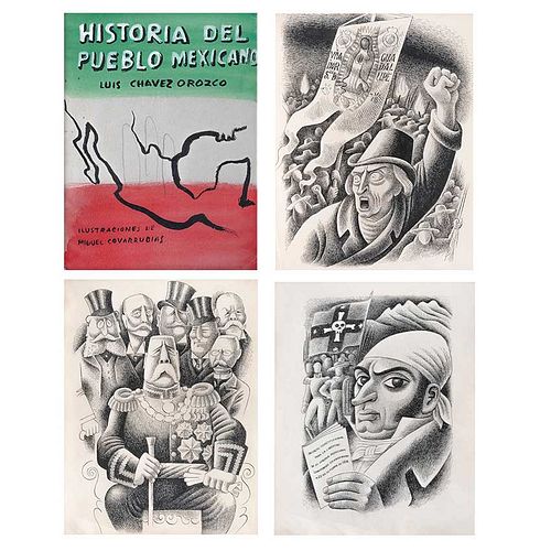 MIGUEL COVARRUBIAS, Ilustraciones para el libro Historia del Pueblo Mexicano, 2 firmados, Tinta sobre papel, Medidas variables, Pzas:23