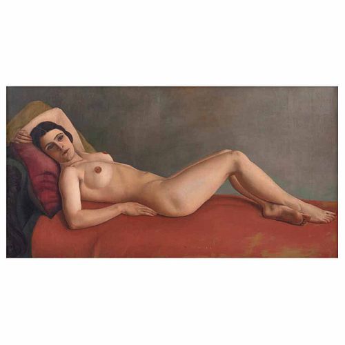 ÁNGEL ZÁRRAGA, Mujer desnuda acostada sobre sillón rojo, Sin firma, Óleo sobre tela, 62 x 117 cm, Con certificado