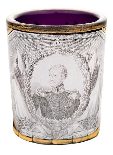 AN ANTIQUE RUSSIAN AMETHYST TUMBLER WITH THE PORTRAIT OF EMPEROR NICHOLAS I, POSSIBLY IMPERIAL GLASS FACTORY, ST. PETERSBURG,