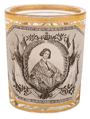 A RUSSIAN GILDED TUMBLER WITH IMPERIAL PORTRAIT OF TSESAREVNA MARIA ALEXANDROVNA, POSSIBLY IMPERIAL GLASS FACTORY, ST. PETERS