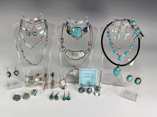 MODERN STERLING, TURQUOISE, AND ROMAN GLASS JEWELRY