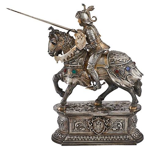 GERMAN JEWELED STERLING FIGURE OF JOUSTING KNIGHT