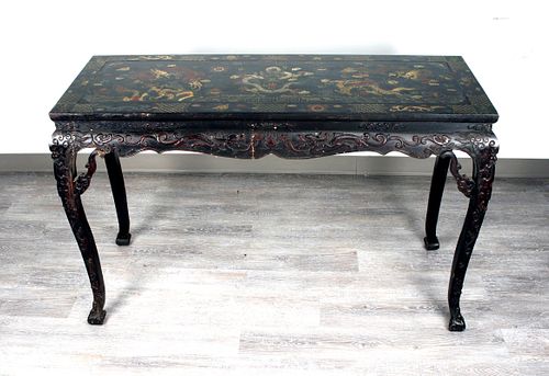 CHINESE LACQUER DRAGON PAINTING TABLE
