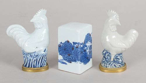 Three Chinese Porcelain Items, Roosters and a Seal