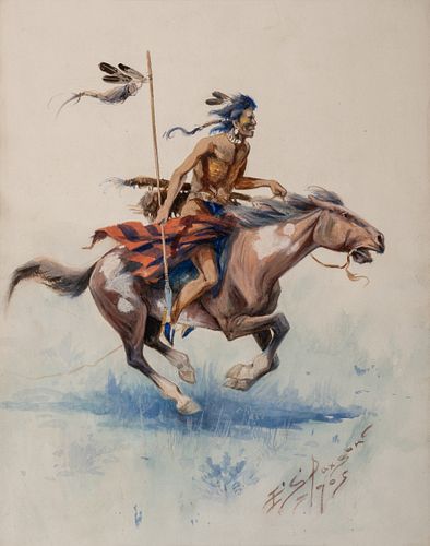 Edgar S. Paxson (1852 – 1919) — Indian Brave on Horse (1905)
