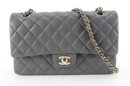 CHANEL 2022 DARK GREY QUILTED LAMBSKIN MEDIUM CLASSIC DOUBLE FLAP GOLD
