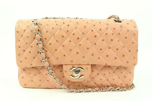 CHANEL PEACH LIGHT PINK QUILTED OSTRICH MEDIUM CLASSIC DOUBLE FLAP