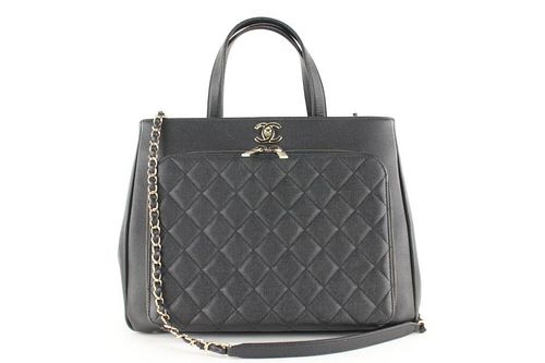  CHANEL BLACK QUILTED CAVIAR LEATHER TURNLOCK 2WAY AFFINITY TOTE