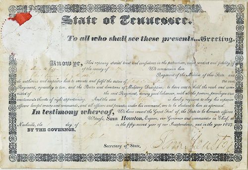 A Very Early Document signed in Sam Houston's first year as Governor of Tennessee