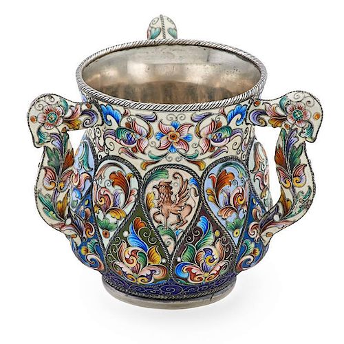 RUCKERT CLOISONNE ENAMELED SILVER THREE HANDLE CUP