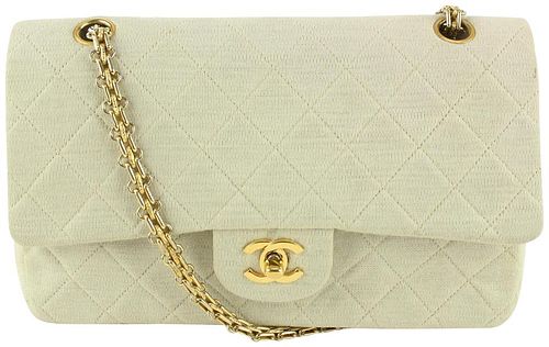 CHANEL BEIGE IVORY QUILTED JERSEY CANVAS MEDIUM CLASSIC DOUBLE FLAP