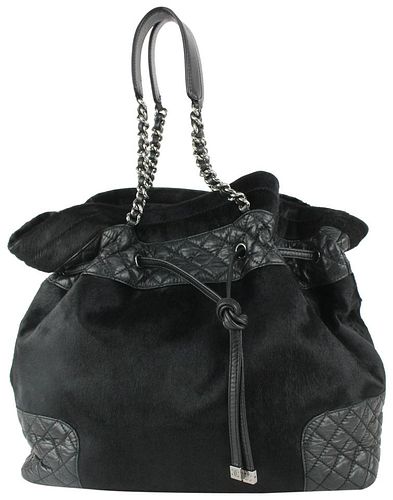  CHANEL BLACK QUILTED LAMBSKIN X PONY HAIR DRAWSTRING BUCKET CHAIN HOBO 