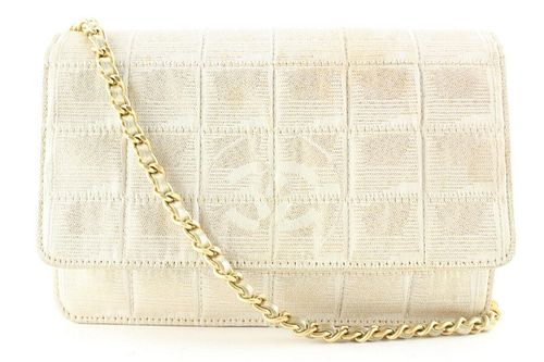 CHANEL CHOCOLATE BAR QUILTED IRIDESCENT CANVAS WALLET ON CHAIN