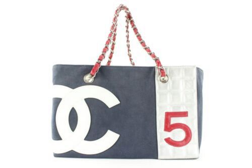  CHANEL NAVY SILVER RED CC NO. 5 CHAIN TOTE