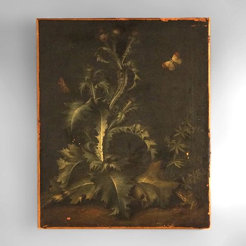 Antique Oil on Canvas Painting, Still Life with Butterfly & Frog, 19th C
