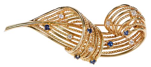 18kt. Tiffany & Co. Swirl Feather Sapphire and Diamond Brooch
