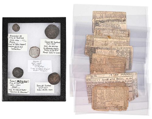 Colonial Currency and Coins in Shadowbox