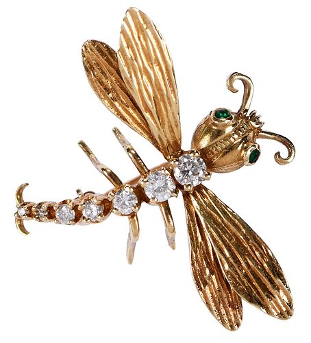 18kt. Diamond Dragonfly Brooch with Emerald Eyes 