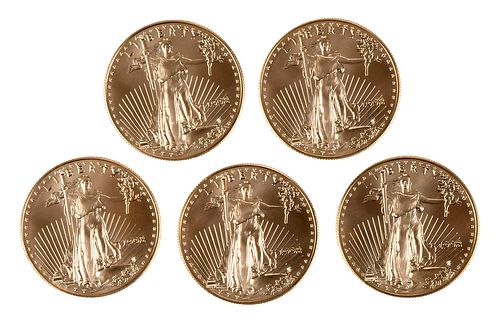 (Five) One Ounce American Gold Eagles 