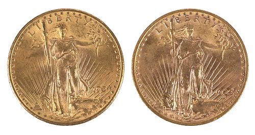 Two St. Gaudens Double Eagle $20 Gold Coins 