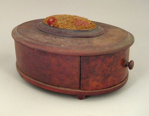 Pennsylvania burl veneer oval sewing box, early 19