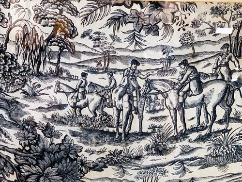 VINTAGE BLUE AND WHITE TOILE HUNTING SCENE TEXTILE