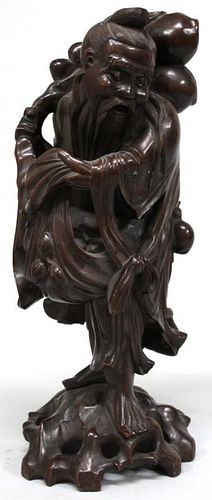 Chinese Carved Wood Image of Sage with Peaches