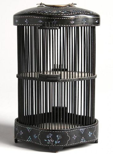 Chinese Black Lacquer 2-Tier Bamboo Cricket Cage