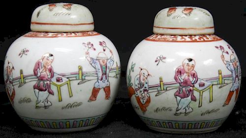 Pair of Small Chinese "Hundred Boys" Ginger Jars