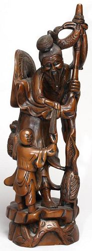 Chinese Hardwood Sculpture of Fisherman