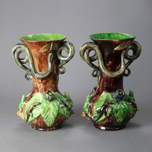 Large Antique Figural Palissy Ware Majolica Pottery Vases, Mafra Portugal, 19thC