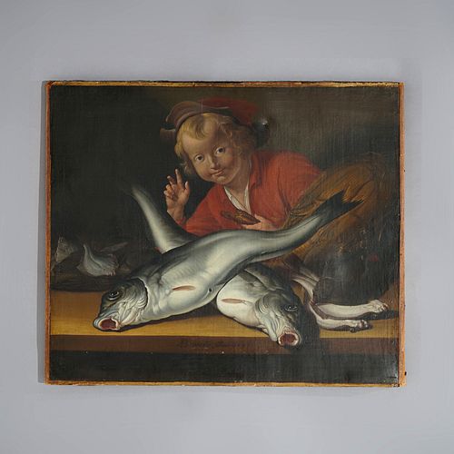 Antique Old Master Van der Schoor Oil Painting, Boy with Fish, Signed & Dated 1657