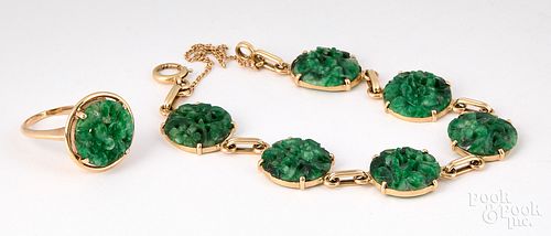 14K gold and carved jade bracelet and ring