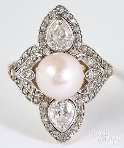 14K two-toned gold, diamond, cultured pearl ring