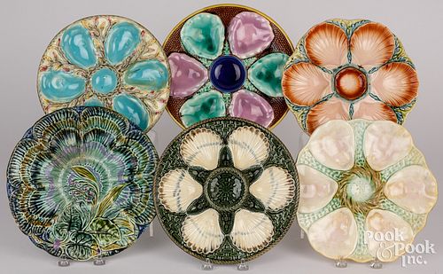 Six majolica oyster plates