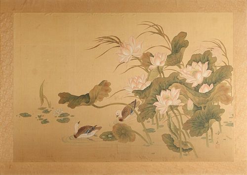 Large Chinese Inks on Silk "Duck & Lotus" Painting