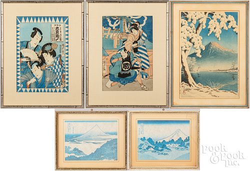 Five Japanese woodblock prints, etc.