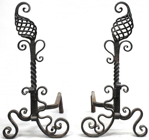 Pair of Vintage Wrought Iron Andirons