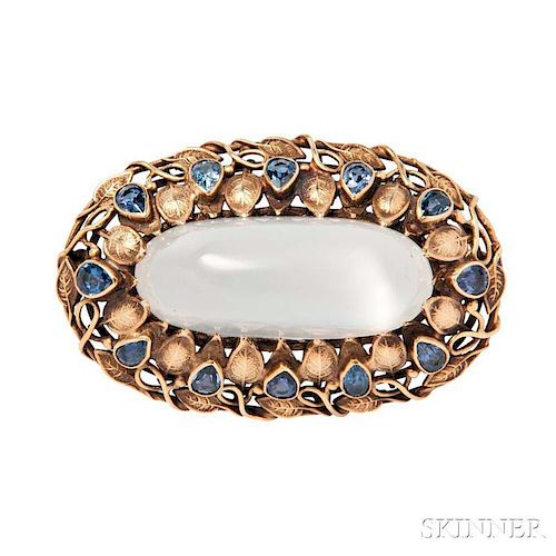 Arts and Crafts 14kt Gold, Moonstone, and Sapphire Brooch