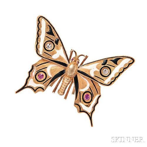 Antique Gold and Enamel Butterfly Brooch