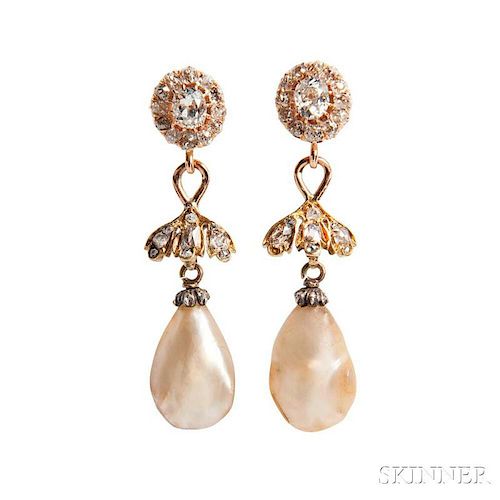Antique Gold, Baroque Pearl, and Diamond Earrings